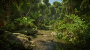 Wallpaper of a jungle featuring a pond surrounded by lush green vegetation