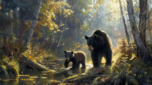 Wallpaper of charming black bears displaying playful cubs in a sunlit forest setting