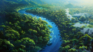 Wallpaper showcasing a rainforest from above featuring meandering rivers and colorful canopies providing a stunning viewpoint