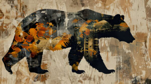 Wallpaper showcasing abstract black bear designs in earthy hues capturing the raw essence of the wilderness