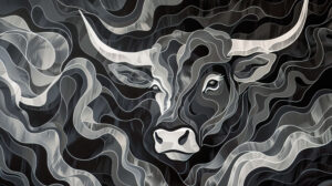 Wallpaper showcasing abstract black bull patterns in shades of gray exuding the rugged elegance of the wilderness