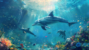 Wallpaper showcasing dolphins moving gracefully through sunlit waters with vibrant marine life surrounding them