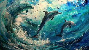 Wallpaper showcasing elegant dolphins gracefully swimming through shimmering waves in a seascape adorned with hues of blue and green