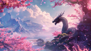 Wallpaper showcasing peaceful scenery with a mythical dragon nestled amid cherry blossoms evoking a sense of calmness
