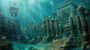 Wallpaper showing ancient architecture in the sunken ruins of Atlantis amidst vibrant marine life