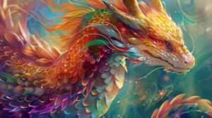Whimsical anime dragon with vibrant scales and expressive eyes, evoking a sense of wonder