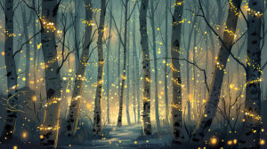Whimsical illustration of birchwood trees in a magical forest, with fairy lights twinkling among the branches