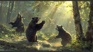 Whimsical illustration of black bears playing in a sunlit glade, their playful antics adding joy to the natural world