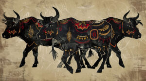 Whimsical illustration of black bulls adorned with tribal markings, blending tradition with the untamed spirit of the wild