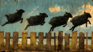 Whimsical illustration of black sheep jumping over a rustic fence, adding a playful touch to any room