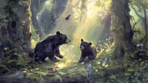 Whimsical wallpaper featuring black bears frolicking in a sun drenched glade spreading joy with their playful antics in nature