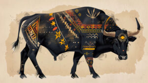 Whimsical wallpaper featuring black bulls decorated with tribal markings merging tradition with the wild spirit of nature