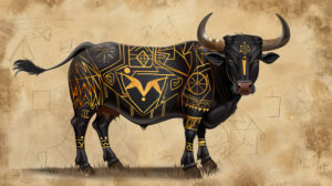 Whimsical wallpaper featuring black bulls embellished with tribal markings harmonizing tradition with the untamed essence of the wilderness