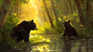 Whimsical wallpaper of frolicking black bears in a sunlit clearing spreading joy in nature