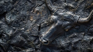 Wilderness themed wallpaper featuring intricate bull patterns in shades of black and gray for a rugged yet elegant look