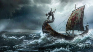 A Viking longship with a majestic presence braves turbulent seas its dragon headed prow slicing through the waves in a stunning wallpaper