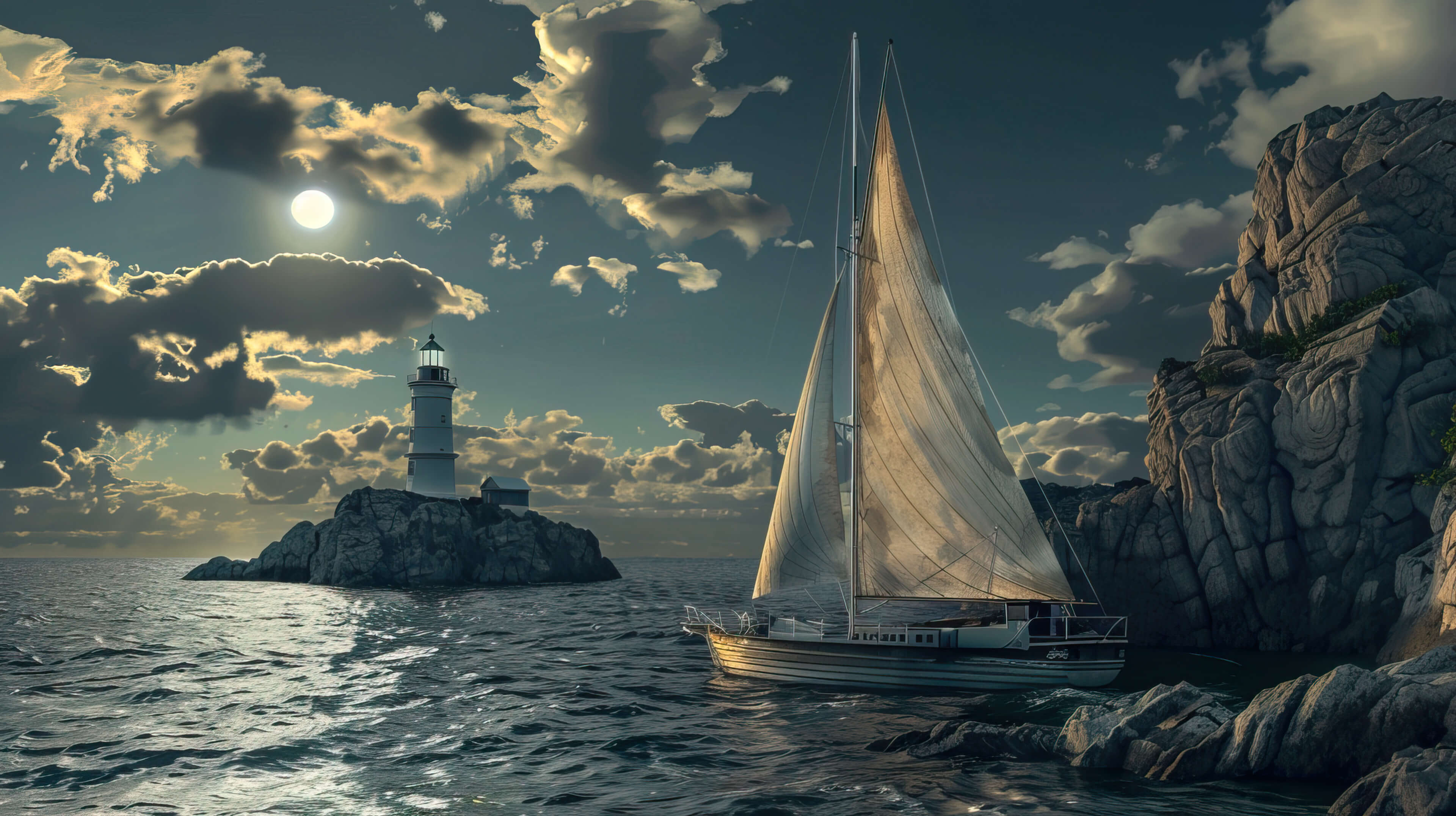 A beautiful wallpaper capturing a vintage sailboat gracefully passing a lighthouse on a rugged shoreline invoking feelings of oceanic history and romance