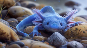 A blue axolotl peacefully rests on a smooth bed of river rocks its gills rhythmically fluttering as it breathes a serene wallpaper