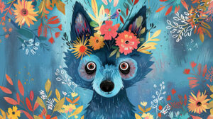 A blue dog adorned with a crown of flowers strikes a balance between regal poise and playfulness in this whimsical wallpaper