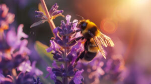 A bumblebee collecting nectar from a vivid purple flower with sunlight accentuating its fuzzy body and delicate wings in a close up wallpaper