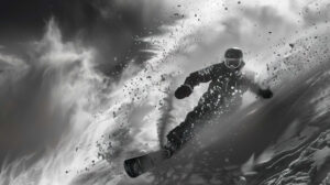 A captivating black and white wallpaper capturing a snowboarder swiftly descending a steep couloir creating a spray of snow in their path