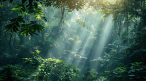 A captivating wallpaper captures sunlight piercing through the lush jungle canopy casting a misty glow on the forest floor below in misty jungle canopy sunlight.jpg