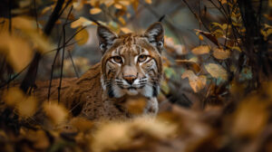A captivating wallpaper capturing a cougar effortlessly blending into its environment its speckled fur concealing it amidst the forest floors hues
