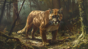 A captivating wallpaper capturing a magnificent cougar stealthily navigating the forest its muscles elegantly moving beneath its fur in search of prey