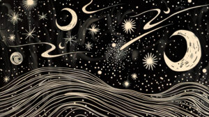 A captivating wallpaper depicting a starry sky filled with swirling galaxies shooting stars and crescent moons spread across the page