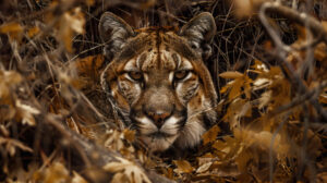 A captivating wallpaper featuring a cougar skillfully blending into its environment its spotted coat providing perfect camouflage against the forest floor
