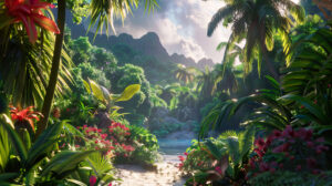 A captivating wallpaper featuring a dense tropical jungle setting adorned with tall palm trees colorful exotic blooms and lively foliage resonating with the sounds of wildlife