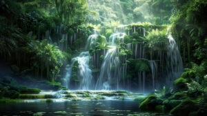 A captivating wallpaper featuring a dramatic jungle waterfall flowing down moss covered rocks into a clear pool set within luscious green surroundings