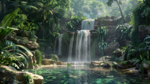 A captivating wallpaper featuring a jungle waterfall flowing over mossy rocks into a pristine pool embraced by verdant foliage
