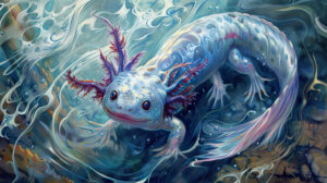 A captivating wallpaper featuring a magical blue axolotl with swirling patterns and iridescent colors evoking the enchantment of the aquatic world