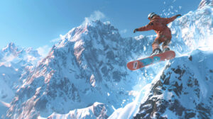 A captivating wallpaper featuring a snowboarder soaring through the air off a jump set against a backdrop of snowy mountains and a vivid blue sky
