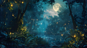 A captivating wallpaper featuring fireflies dancing among trees in a moonlit jungle casting an enchanting glow over the lush foliage