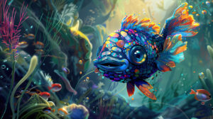 A captivating wallpaper featuring whimsical fantastical blue fish with exaggerated features and vibrant colors joyfully swimming in a magical underwater realm