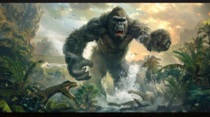 A captivating wallpaper showcasing King Kong in an epic battle against fierce dinosaurs amid the scenic beauty of Skull Islands dense greenery and towering cliffs