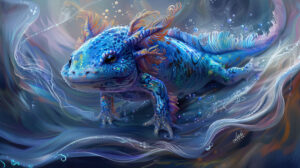 A captivating wallpaper showcasing a blue axolotl with enchanting swirling patterns and shimmering iridescent colors evoking the mystical allure of the underwater world