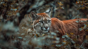 A captivating wallpaper showcasing a cougar perfectly blending in with the forest floor its spotted coat providing camouflage