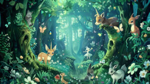 A captivating wallpaper showcasing cartoon animals in a magical forest with fairies unicorns and talking trees peeking through the foliage