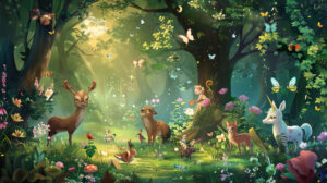A captivating wallpaper showcasing cartoon animals in a mystical forest with fairies unicorns and talking trees nestled in the lush greenery