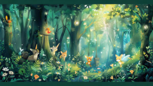 A captivating wallpaper showcasing whimsical cartoon animals venturing through a mystical forest alongside fairies unicorns and chatty trees nestled amidst the lush greenery