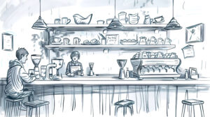 A charming coffee shop scene with warm cups of coffee delicious pastries and cheerful baristas happily serving customers