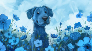 A charming illustration of a blue dog with floppy ears and a wagging tail, surrounded by a field of blooming blue flowers