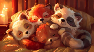 A charming wallpaper depicting cartoon animals cuddled up in a warm bed peacefully dreaming with closed eyes sweet dreams.jpg