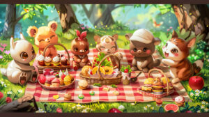A charming wallpaper featuring a group of cartoon animals having a picnic, with baskets of sandwiches, fruit, and cupcakes spread out on a checkered blanket