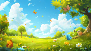 A charming wallpaper featuring cartoon animals frolicking in a meadow chasing butterflies and enjoying the sunshine is named Cartoon animals playing in sunshine meadow.jpg