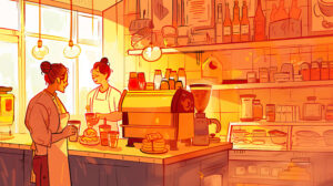 A charming wallpaper showcasing a quaint coffee shop where warm cups of coffee and freshly baked pastries are served by friendly baristas with smiles