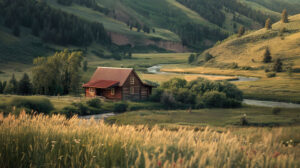 A charming wooden cabin embraced by wheat fields and a meandering river in a verdant valley. Find peace in this rustic homestead